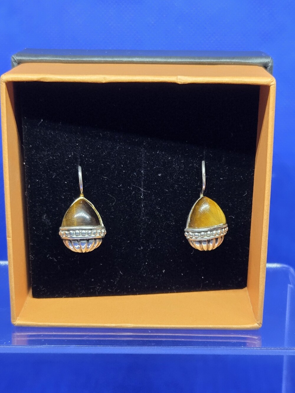 Vintage Bali Style Sterling Silver Tiger’s Eye Teardrop Dangle Earrings 925 Thai